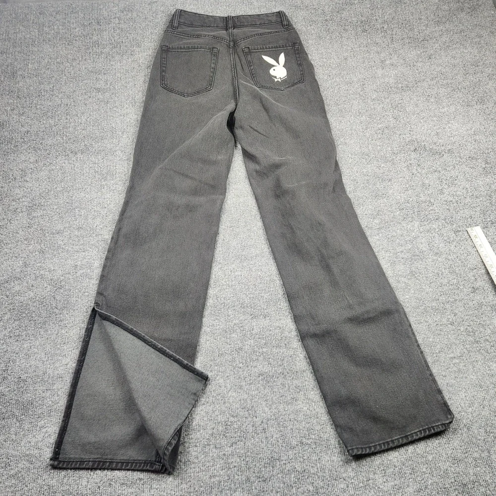 Playboy by PacSun Womens Washed Black Straight Leg Slit Hem Logo Jeans Size‎ 26